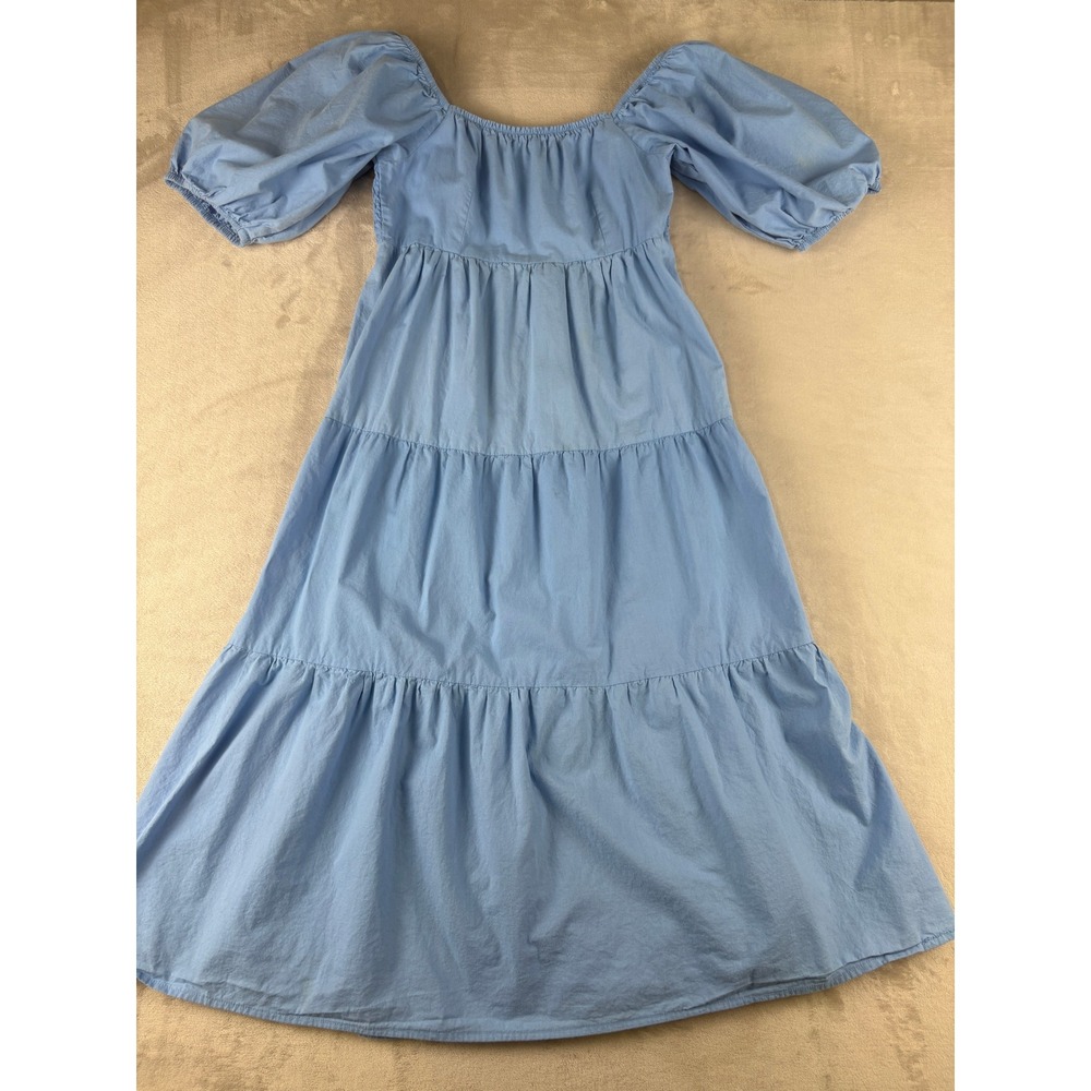 Sim & Sam Blue Puff Sleeve Tiered Midi Dress Smocked Back Square Neck
